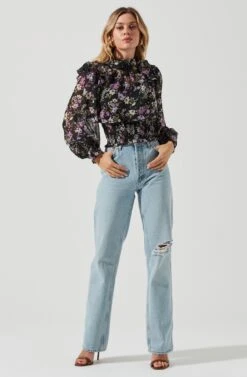 Everly Floral Smocked Waist Top -Chic Ladies Wear Shop ACT16199JC BLACKLILACMULTIFLORAL 3