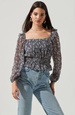 Elva Floral Ruffle Top -Chic Ladies Wear Shop ACT16317B NAVY PURPLEFLORAL 2