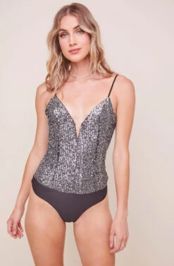 Take The Plunge Metallic Sequin Bodysuit 9 Take The Plunge Metallic Sequin Bodysuit -Chic Ladies Wear Shop ACT16439 SILVER BLACK 4