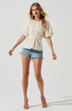 Vendetti Floral Cutout Puff Sleeve Top -Chic Ladies Wear Shop ACT16697B WHITEYELLOWFLORAL 0748