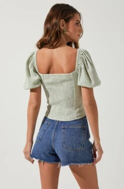 Daydreamer Gingham Puff Sleeve Top -Chic Ladies Wear Shop ACT16733CR MATCHA WHITE 4