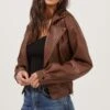 Rubia Faux Leather Moto Jacket -Chic Ladies Wear Shop ACT16740 BROWN 2