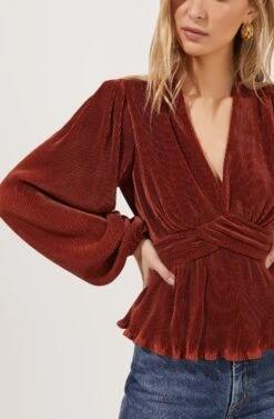 Sharon Pleated Peplum Top -Chic Ladies Wear Shop ACT16810 RUST 4