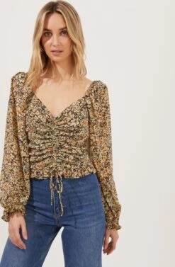 Love Song Floral Ruched Frill Puff Sleeve Top