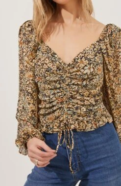 Love Song Floral Ruched Frill Puff Sleeve Top -Chic Ladies Wear Shop ACT16830C BLACK YELLOWFLORAL 3