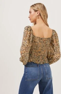 Love Song Floral Ruched Frill Puff Sleeve Top -Chic Ladies Wear Shop ACT16830C BLACK YELLOWFLORAL 5
