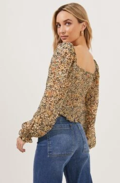 Love Song Floral Ruched Frill Puff Sleeve Top -Chic Ladies Wear Shop ACT16830C BLACK YELLOWFLORAL 6