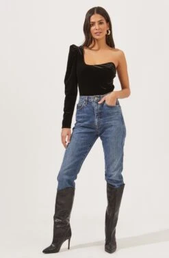 Elegance Velvet Single Sleeve Bodysuit -Chic Ladies Wear Shop ACT16845 BLACK 1