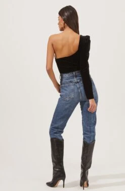 Elegance Velvet Single Sleeve Bodysuit -Chic Ladies Wear Shop ACT16845 BLACK 3