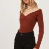 Nola Deep V Neck Ribbed Long Sleeve Bodysuit -Chic Ladies Wear Shop ACT16848 RUST 2