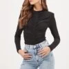 Hollis Ruched Long Sleeve Padded Shoulder Bodysuit -Chic Ladies Wear Shop ACT16885 BLACK 2