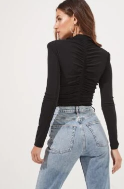 Hollis Ruched Long Sleeve Padded Shoulder Bodysuit 20 Hollis Ruched Long Sleeve Padded Shoulder Bodysuit -Chic Ladies Wear Shop ACT16885 BLACK 5