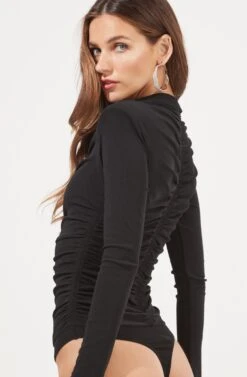 Hollis Ruched Long Sleeve Padded Shoulder Bodysuit 19 Hollis Ruched Long Sleeve Padded Shoulder Bodysuit -Chic Ladies Wear Shop ACT16885 BLACK 7