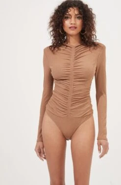 Hollis Ruched Long Sleeve Padded Shoulder Bodysuit 25 Hollis Ruched Long Sleeve Padded Shoulder Bodysuit -Chic Ladies Wear Shop ACT16885 CAPPUCCINO 6