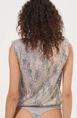 Hollywood Sequin Padded Shoulder Bodysuit -Chic Ladies Wear Shop ACT16905 SILVER PINKMULTI 6