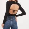 Felice Open Back Padded Shoulder Long Sleeve Sweater Bodysuit -Chic Ladies Wear Shop ACT16925 BLACK 5