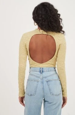 Hawthorne Mock Neck Crinkled Open Back Bodysuit -Chic Ladies Wear Shop ACT16980 CELERY 4