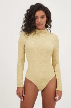 Hawthorne Mock Neck Crinkled Open Back Bodysuit -Chic Ladies Wear Shop ACT16980 CELERY 5