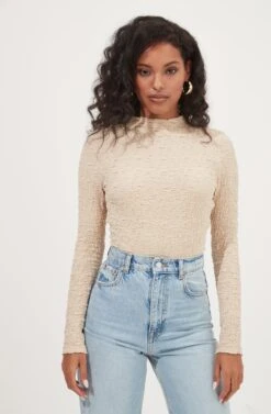 Hawthorne Mock Neck Crinkled Open Back Bodysuit -Chic Ladies Wear Shop ACT16980 LATTE 1