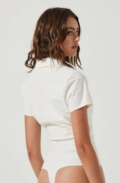 Maui Front Cutout Collared Short Sleeve Bodysuit -Chic Ladies Wear Shop ACT17042 WHITE 5