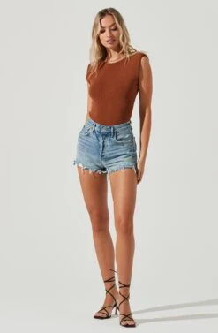 Santa Fe Padded Shoulder Open Back Cross Strap Bodysuit -Chic Ladies Wear Shop ACT17054 NUTMEG 1