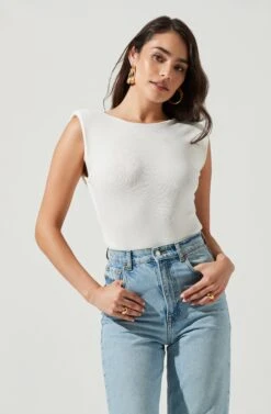 Santa Fe Padded Shoulder Open Back Cross Strap Bodysuit -Chic Ladies Wear Shop ACT17054 WHITE 2