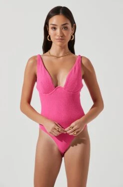Jax Ribbed Knit Plunge Neck Bodysuit -Chic Ladies Wear Shop ACT17070 HOTPINK 1296