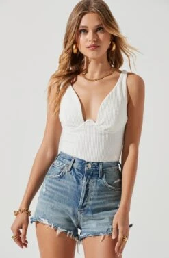 Jax Ribbed Knit Plunge Neck Bodysuit -Chic Ladies Wear Shop ACT17070 WHITE 1354