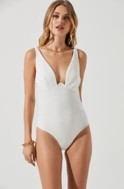 Jax Ribbed Knit Plunge Neck Bodysuit -Chic Ladies Wear Shop ACT17070 WHITE 1362