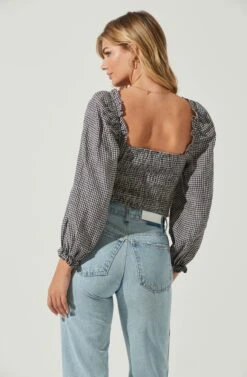 Cardiff Gingham Sweetheart Neck Long Sleeve Top -Chic Ladies Wear Shop ACT17072 NAVYWHITEGINGHAM 5 1