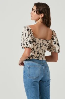 Florian Square Neck Ruched Bubble Sleeve Top -Chic Ladies Wear Shop ACT17149 BLACKCREAMFLORAL 4