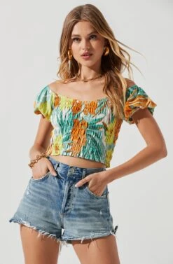 Jemma Tropical Print Smocked Top -Chic Ladies Wear Shop ACT17229 BLUEORANGETROPICAL 1377