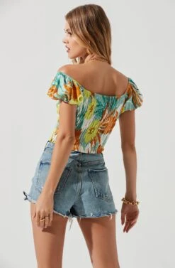Jemma Tropical Print Smocked Top -Chic Ladies Wear Shop ACT17229 BLUEORANGETROPICAL 1388