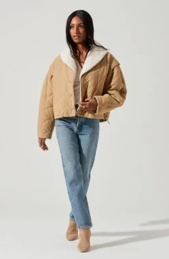 Nadine Quilted Faux Shearling Jacket -Chic Ladies Wear Shop ACT17275 KHAKI 0174