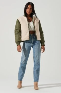 Tegan Faux Shearling Contrast Puffer Jacket -Chic Ladies Wear Shop ACT17307 OLIVE IVORY 0926