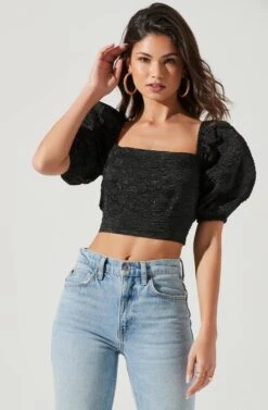 Tassia Jacquard Puff Sleeve Top -Chic Ladies Wear Shop ACT17320 BLACK 0390