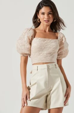 Tassia Jacquard Puff Sleeve Top -Chic Ladies Wear Shop ACT17320 CHAMPAGNE 1458