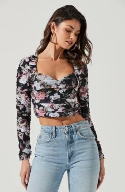 Erica Floral Ruched Long Sleeve Top -Chic Ladies Wear Shop ACT17322 BLACKMULTIFLORAL 0335