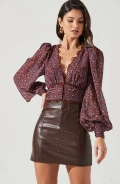 Zanna Floral Lace Trim Long Sleeve Top -Chic Ladies Wear Shop ACT17333 BROWNPURPLEDITSY 1238