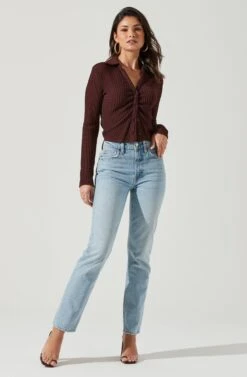 Lamora Waffle Knit Ruched Button Down Top -Chic Ladies Wear Shop ACT17338 BROWN 0226 3