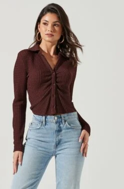 Lamora Waffle Knit Ruched Button Down Top -Chic Ladies Wear Shop ACT17338 BROWN 0226 5