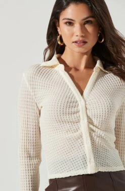 Lamora Waffle Knit Ruched Button Down Top -Chic Ladies Wear Shop ACT17338 IVORY 1357