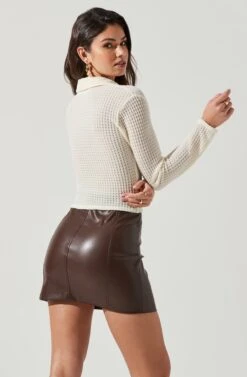 Lamora Waffle Knit Ruched Button Down Top -Chic Ladies Wear Shop ACT17338 IVORY 1364