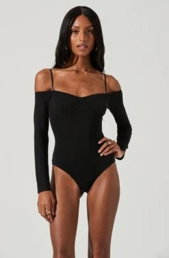 Alessa Cold Shoulder Long Sleeve Bodysuit -Chic Ladies Wear Shop ACT17350 BLACK 0672