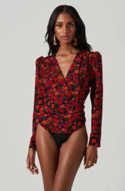 Bartlett Floral Wrap Front Long Sleeve Bodysuit -Chic Ladies Wear Shop ACT17365 REDORANGEMULTI 4