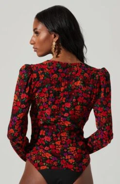 Bartlett Floral Wrap Front Long Sleeve Bodysuit -Chic Ladies Wear Shop ACT17365 REDORANGEMULTI 5