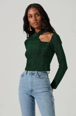 Crane Metallic Cutout Long Sleeve Top -Chic Ladies Wear Shop ACT17378 GREENMETALLIC 2