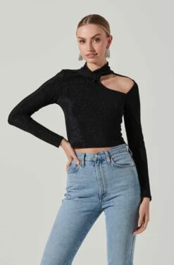 Crane Metallic Cutout Long Sleeve Top -Chic Ladies Wear Shop ACT17378 MIDNIGHTMETALLIC 3