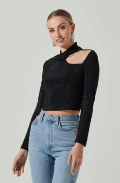 Crane Metallic Cutout Long Sleeve Top -Chic Ladies Wear Shop ACT17378 MIDNIGHTMETALLIC 4