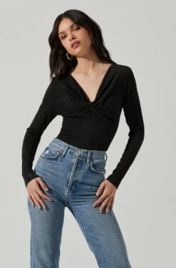 Reese Metallic Twist Front Bodysuit -Chic Ladies Wear Shop ACT17385 BLACKMETALLIC 2